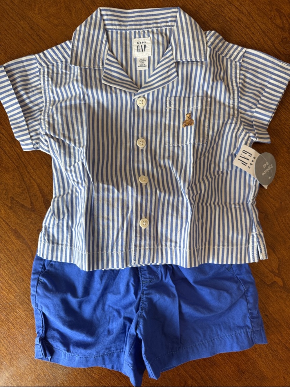 GAP Baby Blue & White Striped Short Sleeve Button Shirt with Royal Blue Shorts